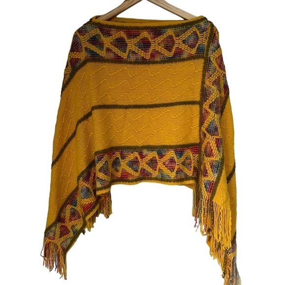 Bright Yellow Multi Color Knit Poncho Scarf, OS - Picture 1 of 10